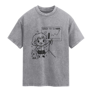 Back To school Washed Cotton T-Shirt Funny Teacher Teaching Cat Lover Gift