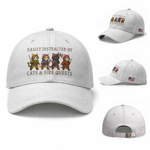 Funny Easily Distracted By Cats And Side Quests Baseball Cap RPG Gamer Cat Lover Gift TS12 Baseball Cap Universal Fit White Print Your Wear