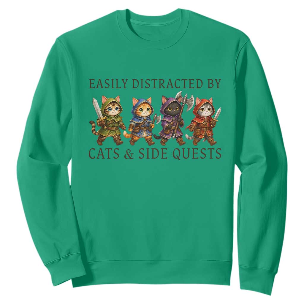 Funny Easily Distracted By Cats And Side Quests Sweatshirt RPG Gamer Cat Lover Gift TS12 Irish Green Print Your Wear