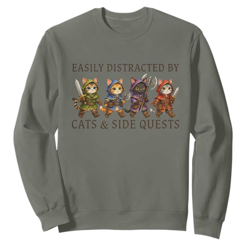 Funny Easily Distracted By Cats And Side Quests Sweatshirt RPG Gamer Cat Lover Gift TS12 Military Green Print Your Wear