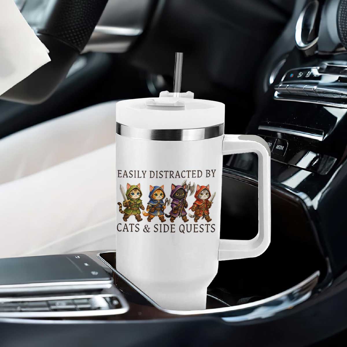 Funny Easily Distracted By Cats And Side Quests Tumbler With Handle RPG Gamer Cat Lover Gift TS12 Print Your Wear