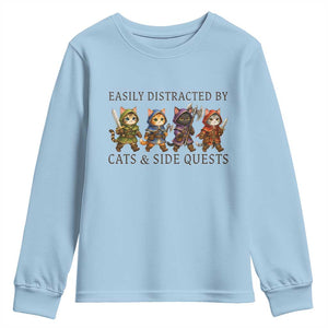 Funny Easily Distracted By Cats And Side Quests Youth Sweatshirt RPG Gamer Cat Lover Gift TS12 Light Blue Print Your Wear