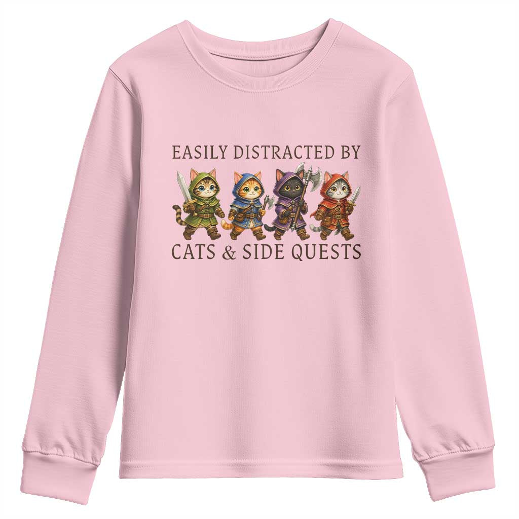 Funny Easily Distracted By Cats And Side Quests Youth Sweatshirt RPG Gamer Cat Lover Gift TS12 Light Pink Print Your Wear