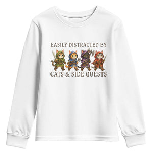 Funny Easily Distracted By Cats And Side Quests Youth Sweatshirt RPG Gamer Cat Lover Gift TS12 White Print Your Wear