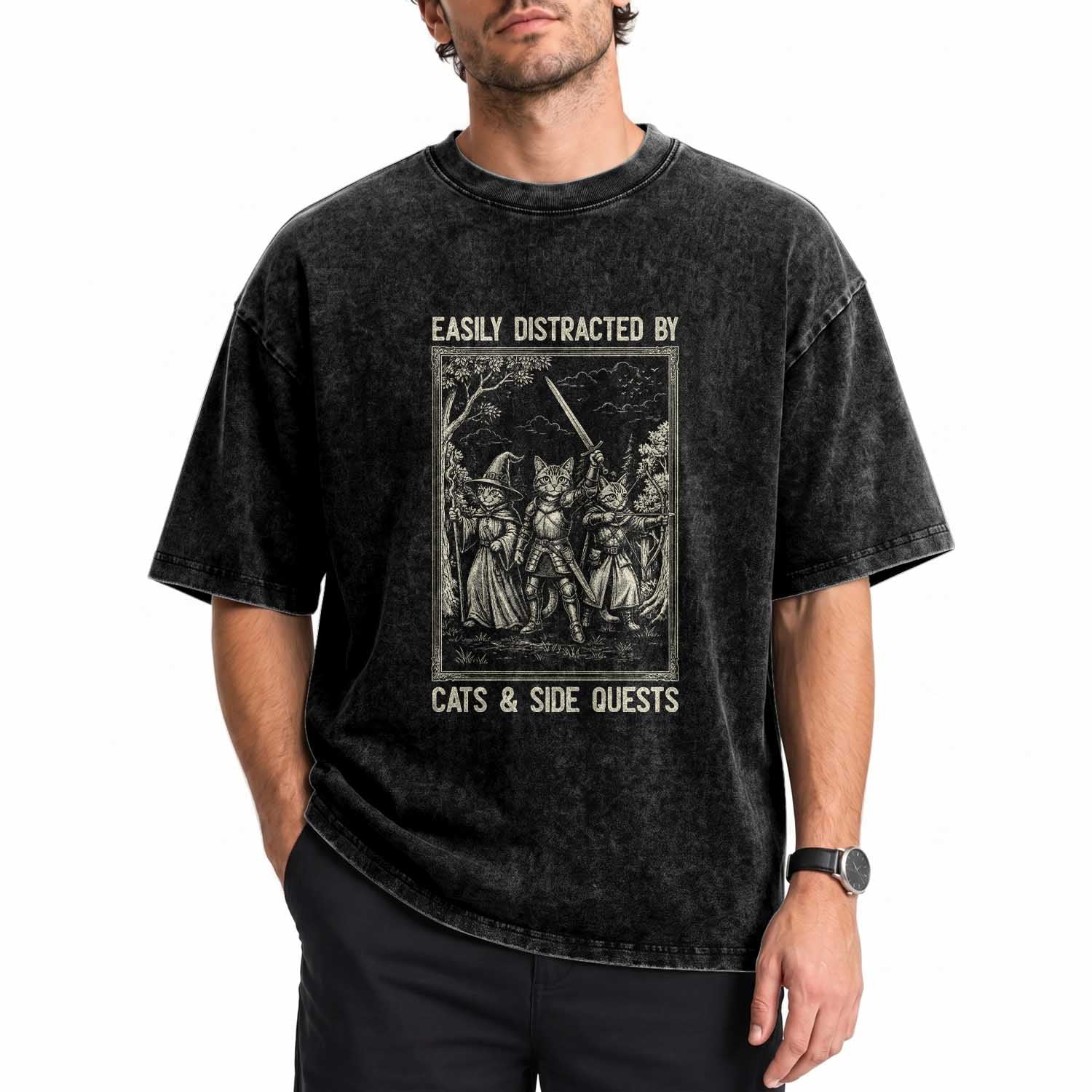 Easily Distracted By Cats And Side Quests Washed Cotton T-Shirt Vintage Gaming Cat Lover Gift