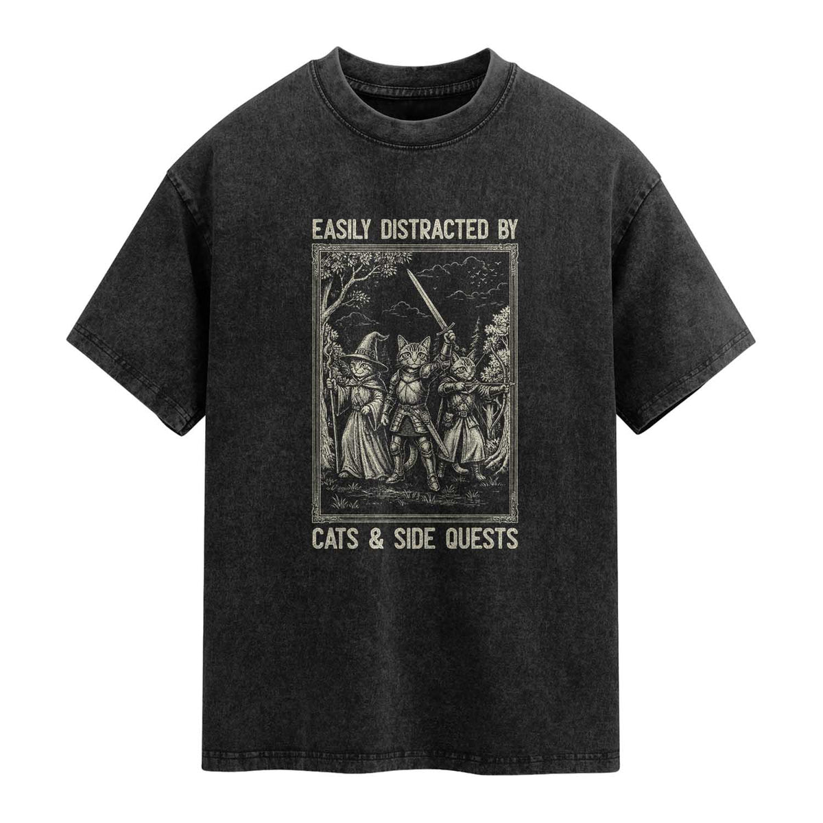 Easily Distracted By Cats And Side Quests Washed Cotton T-Shirt Vintage Gaming Cat Lover Gift