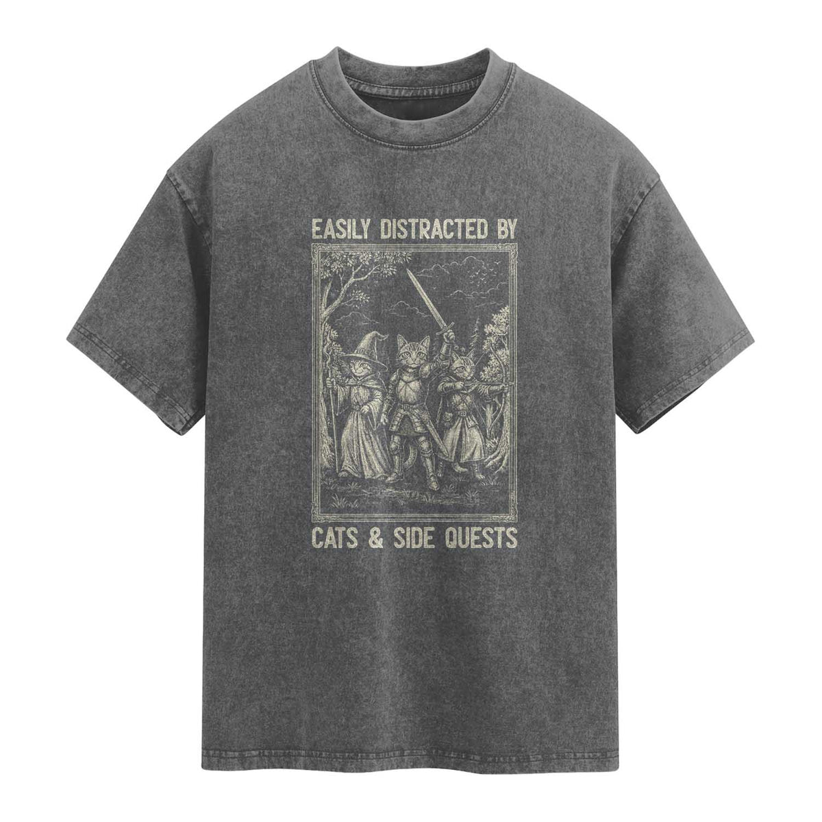 Easily Distracted By Cats And Side Quests Washed Cotton T-Shirt Vintage Gaming Cat Lover Gift
