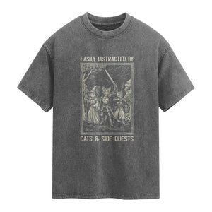Easily Distracted By Cats And Side Quests Washed Cotton T-Shirt Vintage Gaming Cat Lover Gift