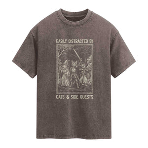 Easily Distracted By Cats And Side Quests Washed Cotton T-Shirt Vintage Gaming Cat Lover Gift