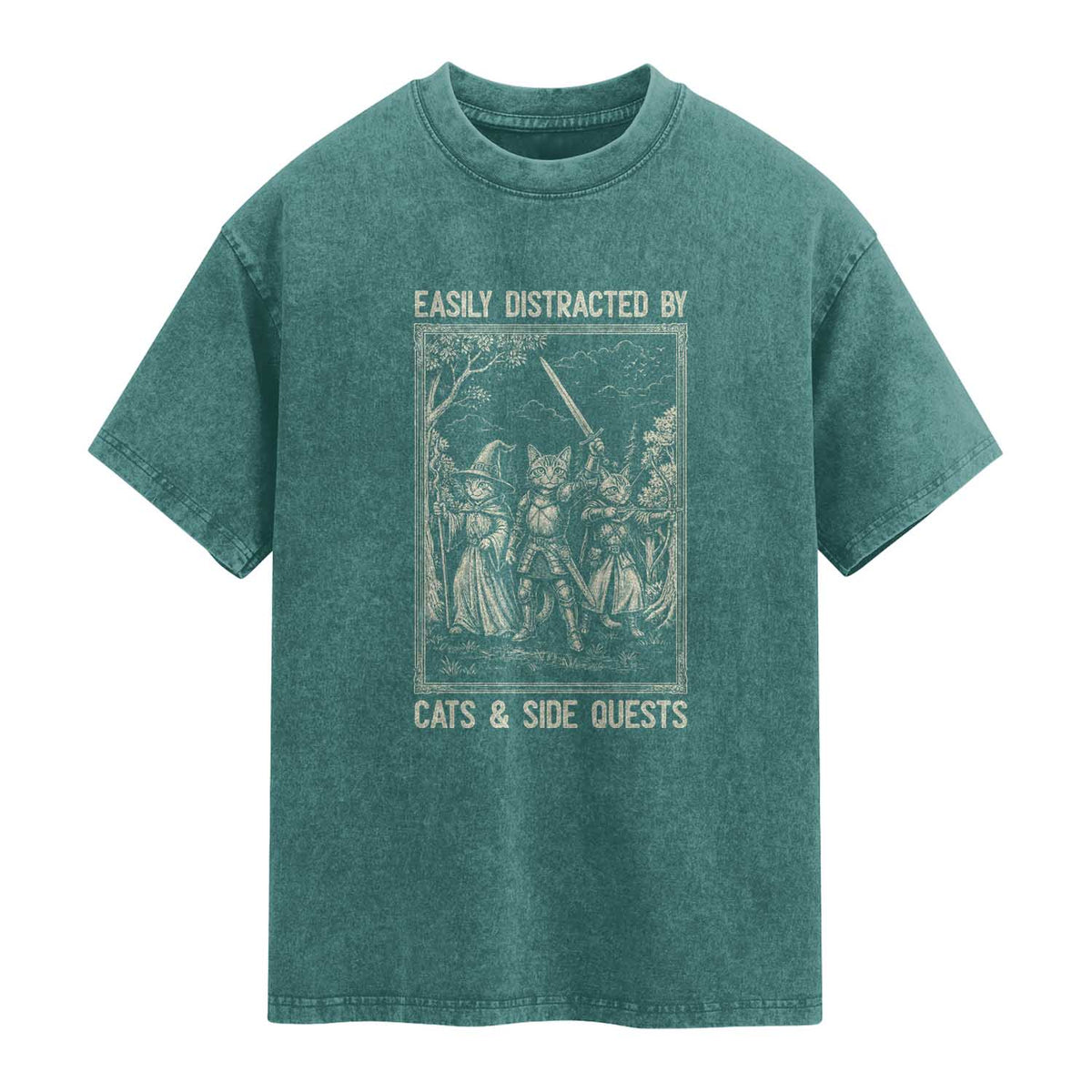 Easily Distracted By Cats And Side Quests Washed Cotton T-Shirt Vintage Gaming Cat Lover Gift