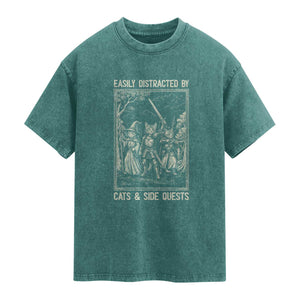 Easily Distracted By Cats And Side Quests Washed Cotton T-Shirt Vintage Gaming Cat Lover Gift