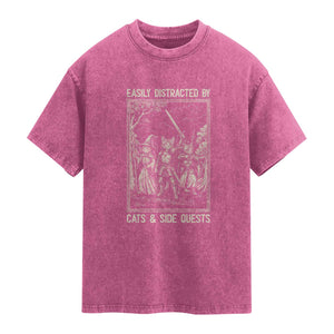 Easily Distracted By Cats And Side Quests Washed Cotton T-Shirt Vintage Gaming Cat Lover Gift