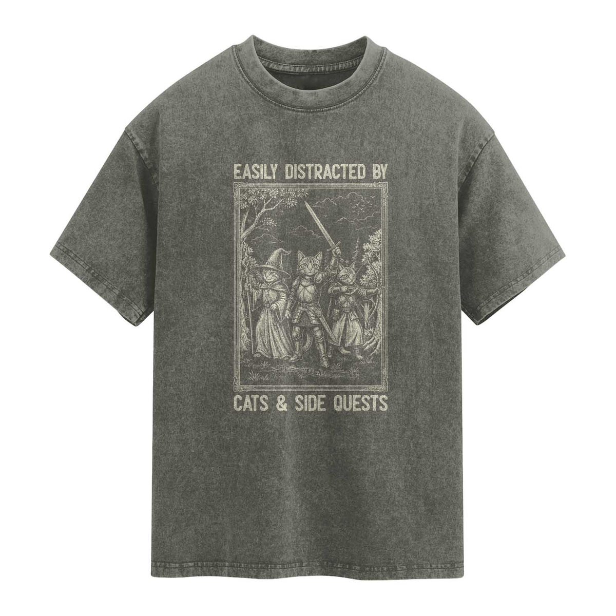 Easily Distracted By Cats And Side Quests Washed Cotton T-Shirt Vintage Gaming Cat Lover Gift