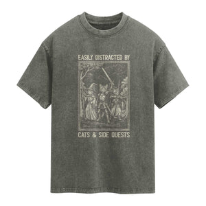 Easily Distracted By Cats And Side Quests Washed Cotton T-Shirt Vintage Gaming Cat Lover Gift