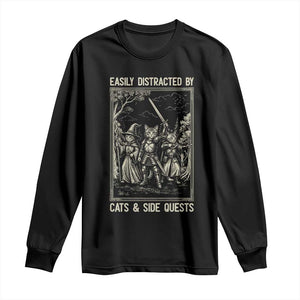 Easily Distracted By Cats And Side Quests Long Sleeve Shirt Vintage Gaming Cat Lover Gift TS12 Black Print Your Wear