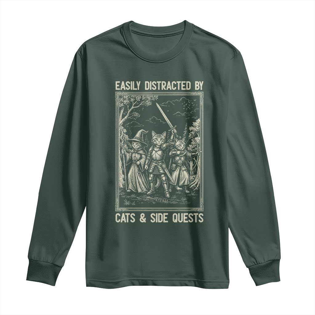 Easily Distracted By Cats And Side Quests Long Sleeve Shirt Vintage Gaming Cat Lover Gift TS12 Dark Forest Green Print Your Wear