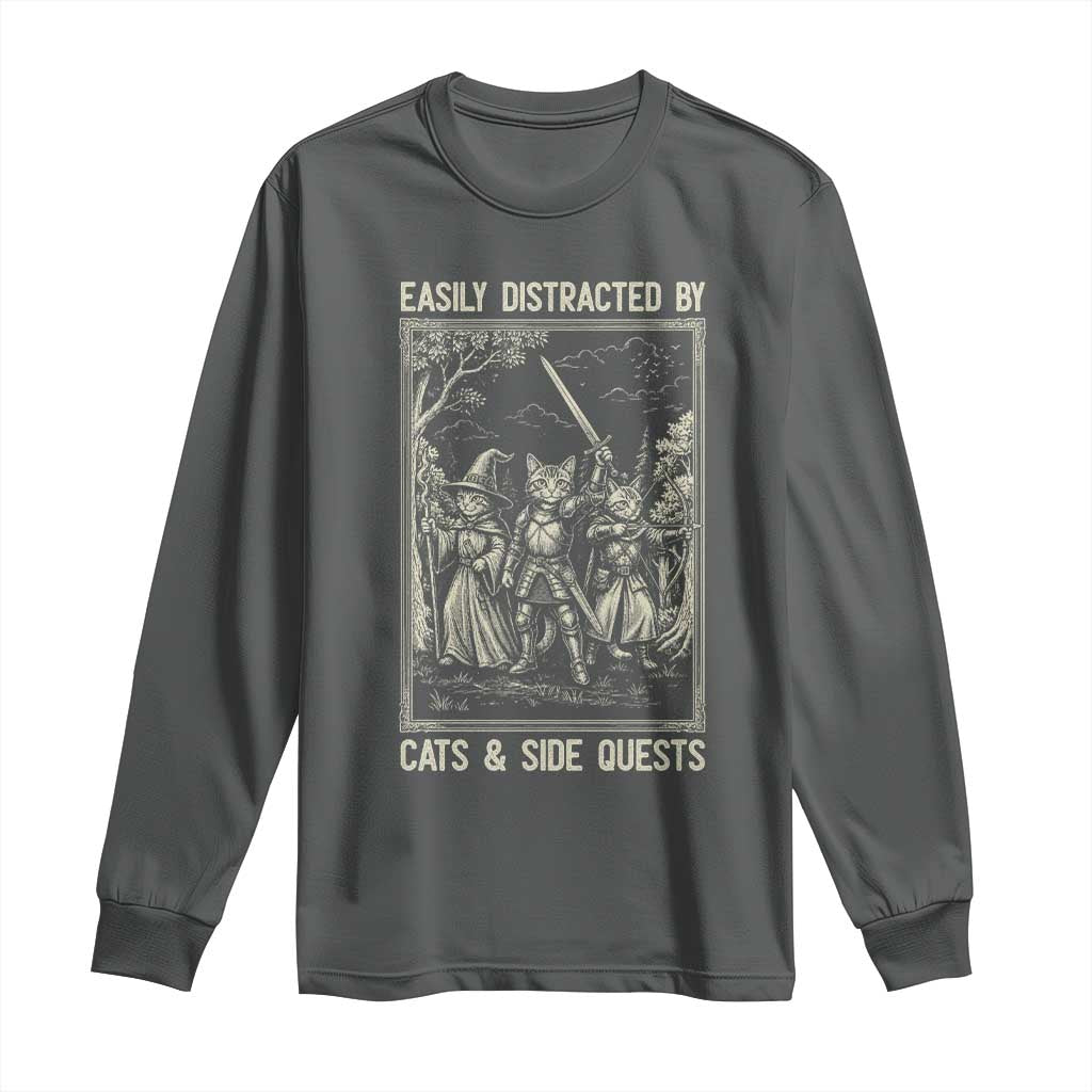 Easily Distracted By Cats And Side Quests Long Sleeve Shirt Vintage Gaming Cat Lover Gift TS12 Dark Heather Print Your Wear