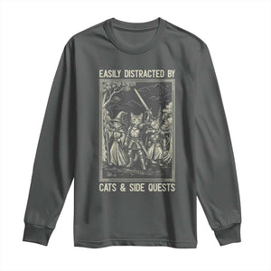 Easily Distracted By Cats And Side Quests Long Sleeve Shirt Vintage Gaming Cat Lover Gift TS12 Dark Heather Print Your Wear
