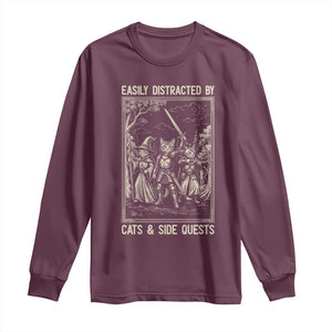 Easily Distracted By Cats And Side Quests Long Sleeve Shirt Vintage Gaming Cat Lover Gift TS12 Maroon Print Your Wear