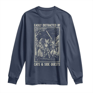 Easily Distracted By Cats And Side Quests Long Sleeve Shirt Vintage Gaming Cat Lover Gift TS12 Navy Print Your Wear
