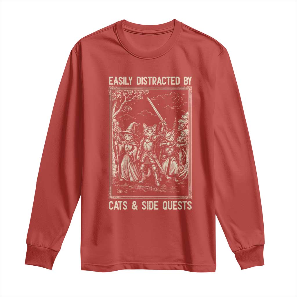 Easily Distracted By Cats And Side Quests Long Sleeve Shirt Vintage Gaming Cat Lover Gift TS12 Red Print Your Wear