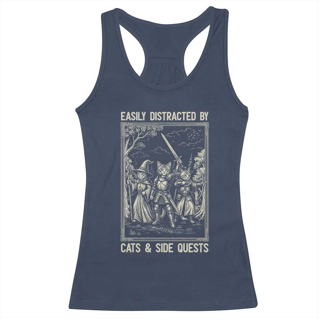 Easily Distracted By Cats And Side Quests Racerback Tank Top Vintage Gaming Cat Lover Gift TS12 Navy Print Your Wear