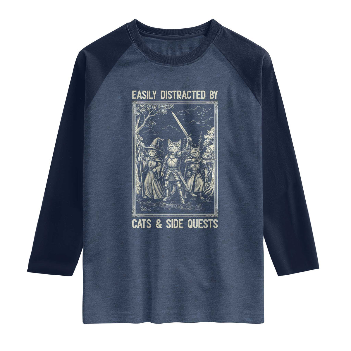 Easily Distracted By Cats And Side Quests Raglan Shirt Vintage Gaming Cat Lover Gift TS12 Heather Denim Navy Print Your Wear