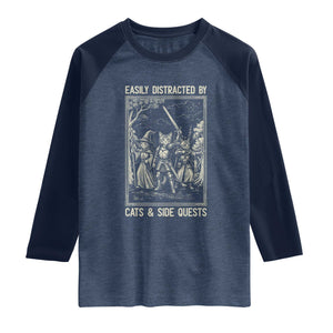Easily Distracted By Cats And Side Quests Raglan Shirt Vintage Gaming Cat Lover Gift TS12 Heather Denim Navy Print Your Wear