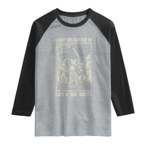 Easily Distracted By Cats And Side Quests Raglan Shirt Vintage Gaming Cat Lover Gift TS12 Heather Gray Black Print Your Wear