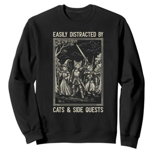 Easily Distracted By Cats And Side Quests Sweatshirt Vintage Gaming Cat Lover Gift TS12 Black Print Your Wear