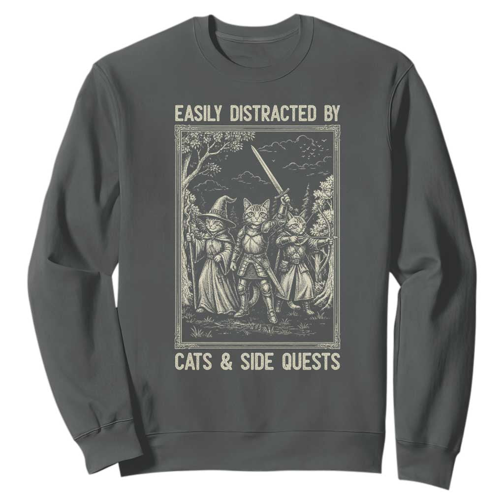 Easily Distracted By Cats And Side Quests Sweatshirt Vintage Gaming Cat Lover Gift TS12 Dark Heather Print Your Wear