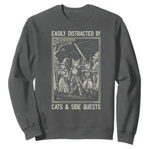 Easily Distracted By Cats And Side Quests Sweatshirt Vintage Gaming Cat Lover Gift TS12 Dark Heather Print Your Wear