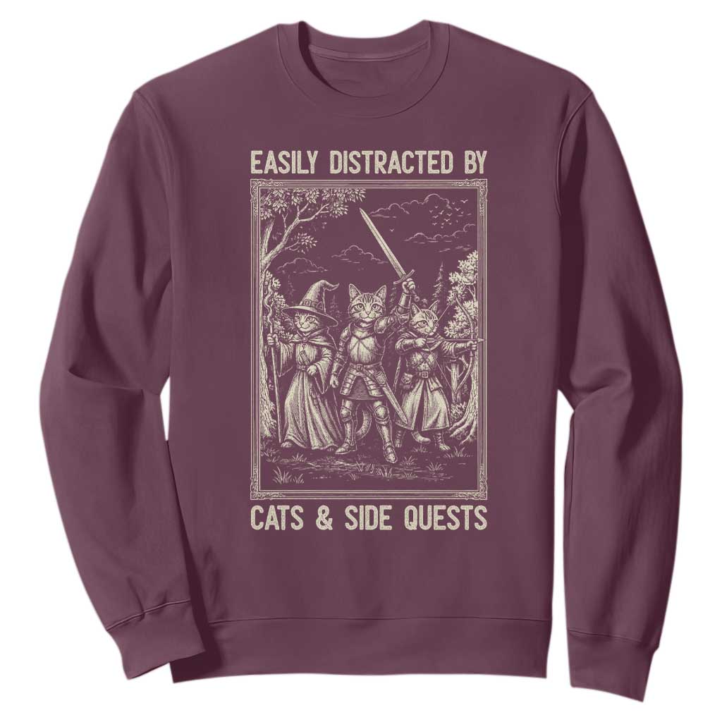 Easily Distracted By Cats And Side Quests Sweatshirt Vintage Gaming Cat Lover Gift TS12 Maroon Print Your Wear