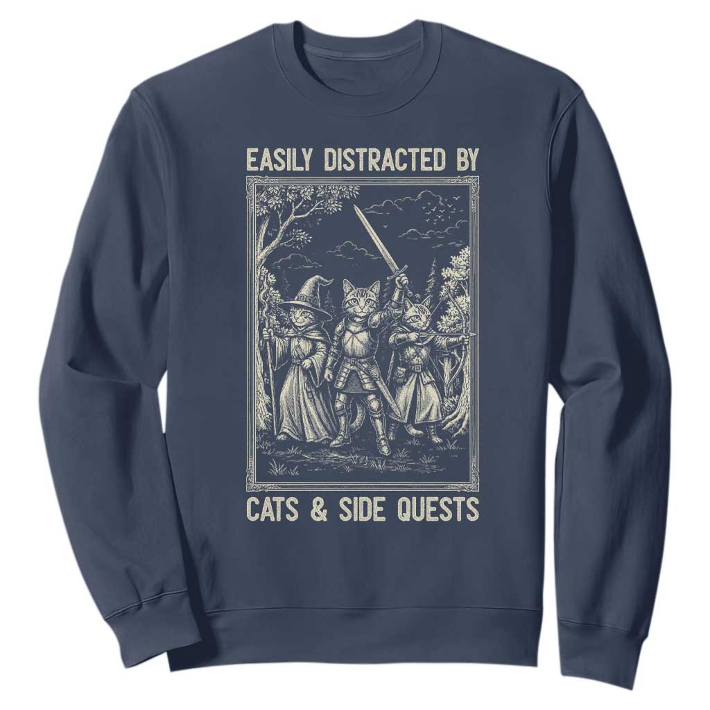 Easily Distracted By Cats And Side Quests Sweatshirt Vintage Gaming Cat Lover Gift TS12 Navy Print Your Wear