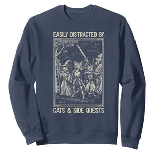Easily Distracted By Cats And Side Quests Sweatshirt Vintage Gaming Cat Lover Gift TS12 Navy Print Your Wear
