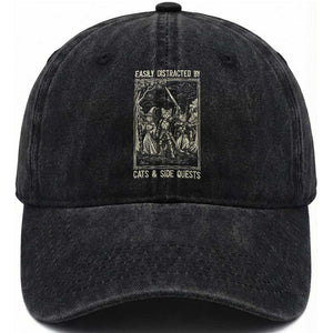 Easily Distracted By Cats And Side Quests Washed Cotton Baseball Cap Vintage Gaming Cat Lover Gift TS12 Print Your Wear