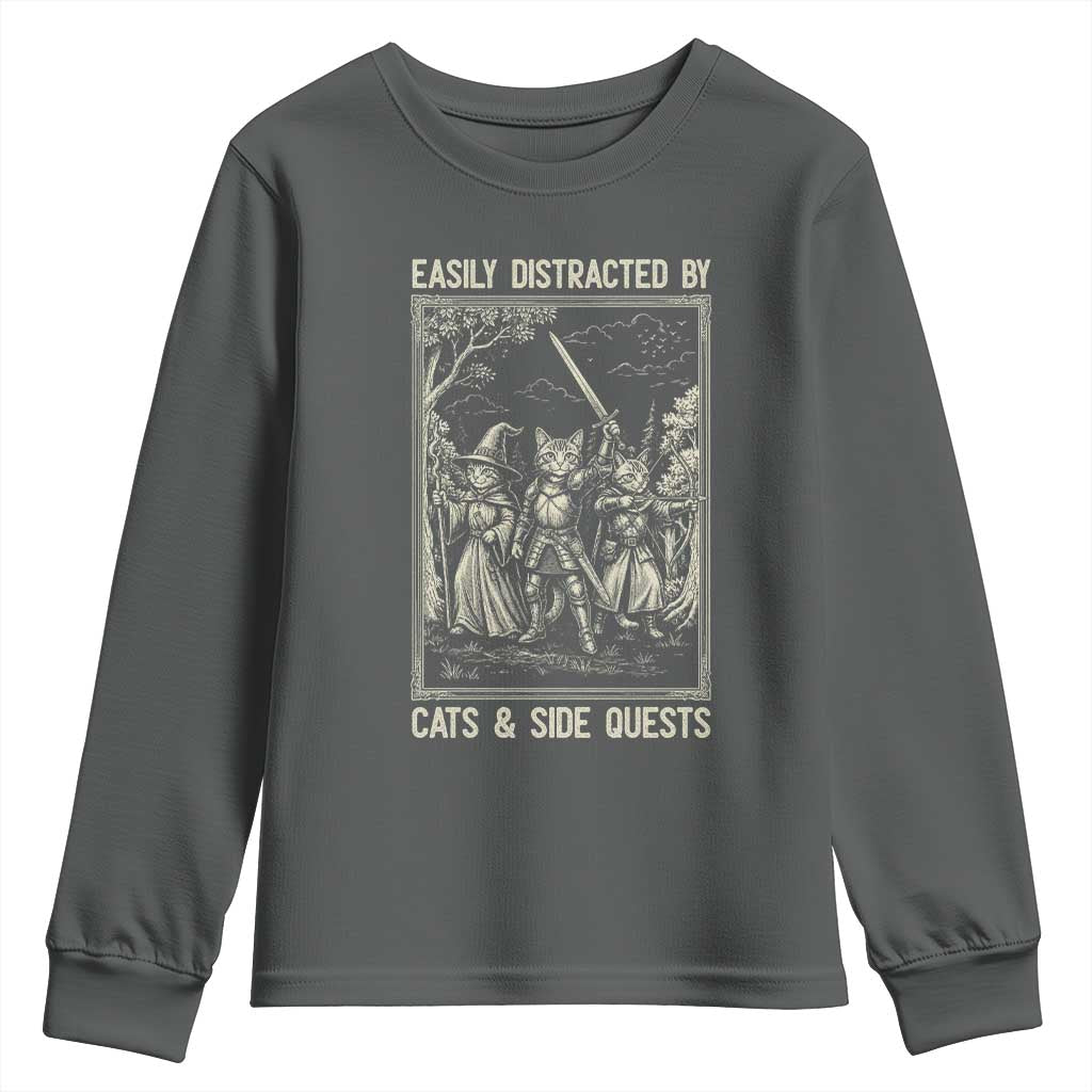 Easily Distracted By Cats And Side Quests Youth Sweatshirt Vintage Gaming Cat Lover Gift TS12 Dark Heather Print Your Wear