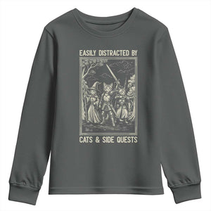 Easily Distracted By Cats And Side Quests Youth Sweatshirt Vintage Gaming Cat Lover Gift TS12 Dark Heather Print Your Wear