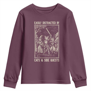 Easily Distracted By Cats And Side Quests Youth Sweatshirt Vintage Gaming Cat Lover Gift TS12 Maroon Print Your Wear