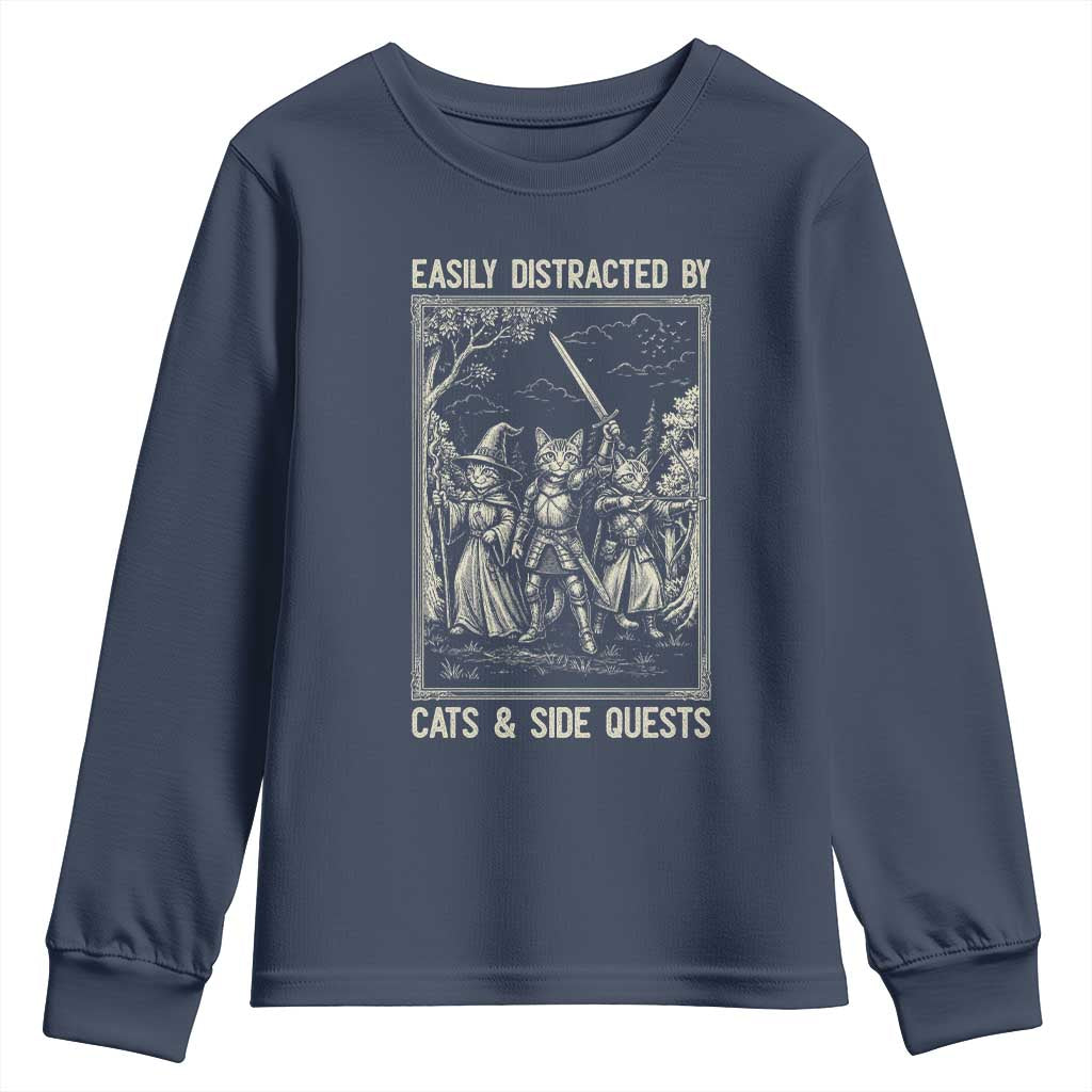 Easily Distracted By Cats And Side Quests Youth Sweatshirt Vintage Gaming Cat Lover Gift TS12 Navy Print Your Wear
