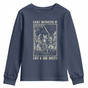 Easily Distracted By Cats And Side Quests Youth Sweatshirt Vintage Gaming Cat Lover Gift TS12 Navy Print Your Wear