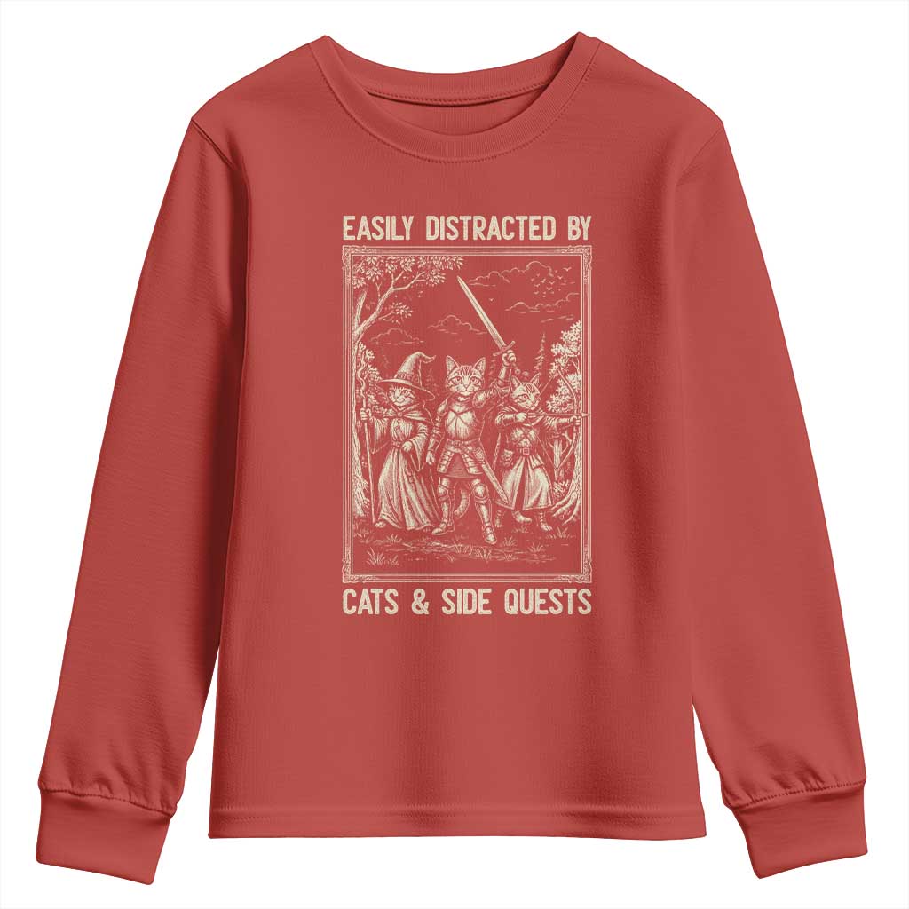 Easily Distracted By Cats And Side Quests Youth Sweatshirt Vintage Gaming Cat Lover Gift TS12 Red Print Your Wear