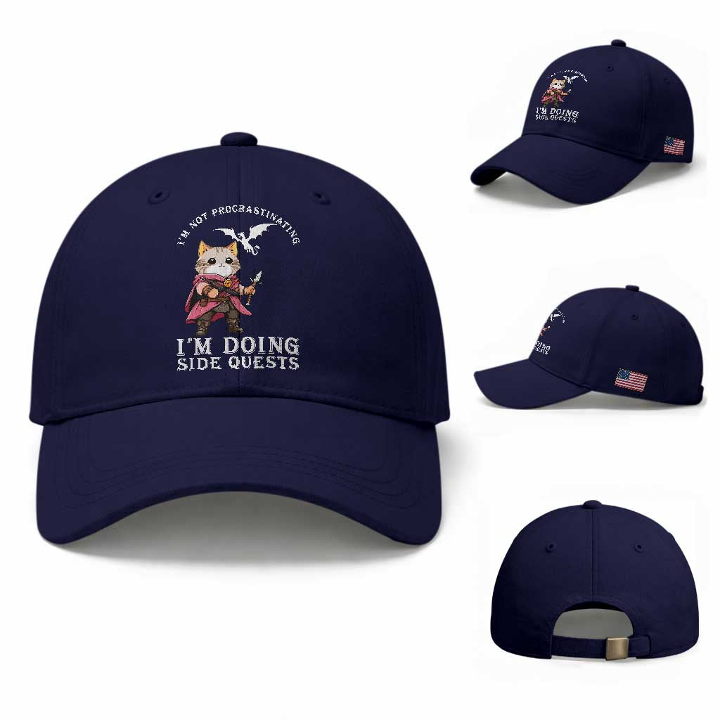 Im Not Procrastinating Im Doing Side Quests Baseball Cap Funny RPG Gamer Cat Lover Gift TS12 Baseball Cap Universal Fit Dark Blue Print Your Wear