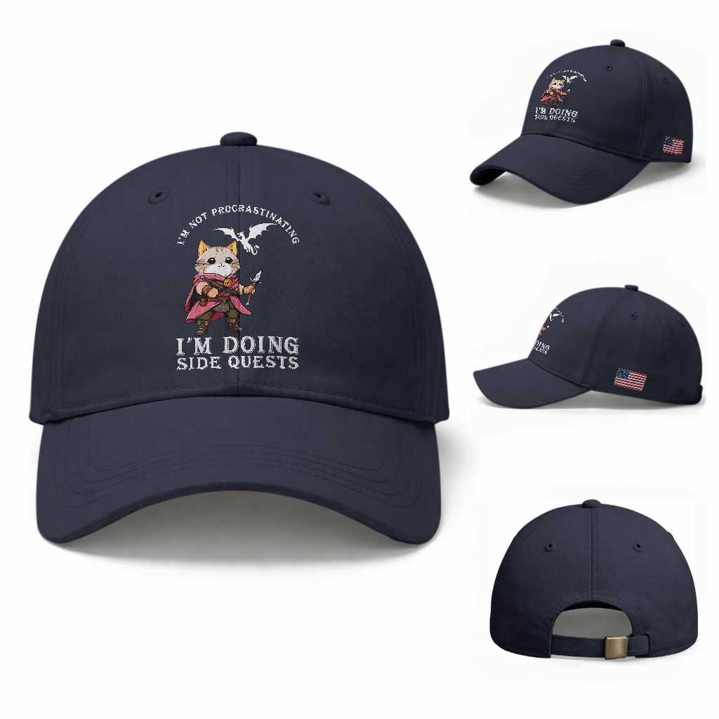 Im Not Procrastinating Im Doing Side Quests Baseball Cap Funny RPG Gamer Cat Lover Gift TS12 Baseball Cap Universal Fit Navy Print Your Wear