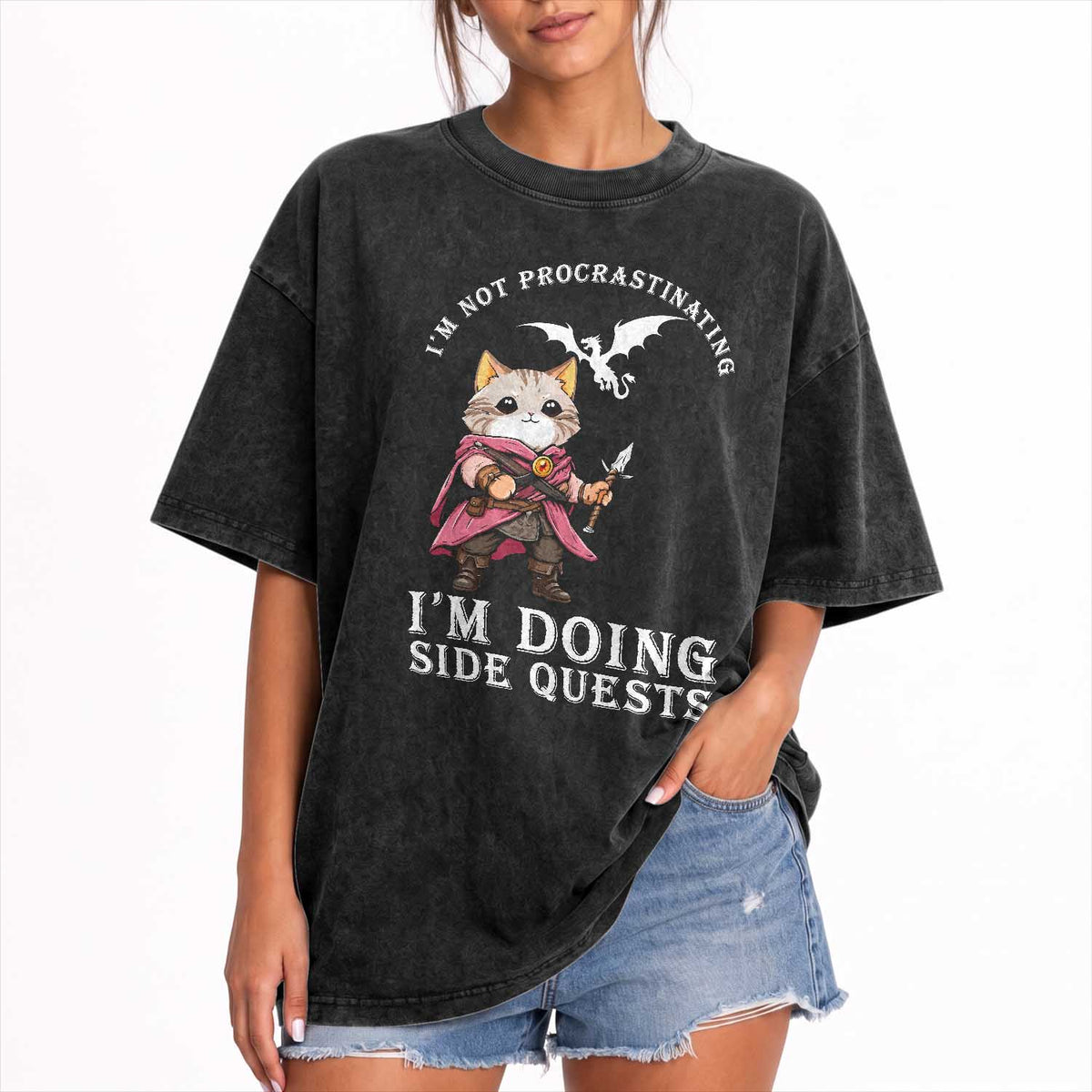 Im Not Procrastinating Im Doing Side Quests Washed Cotton T-Shirt Funny RPG Gamer Cat Lover Gift