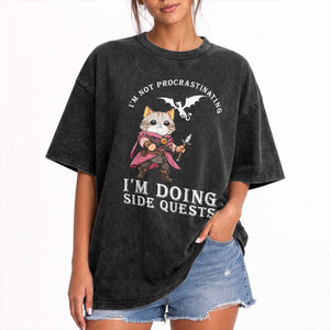 Im Not Procrastinating Im Doing Side Quests Washed Cotton T-Shirt Funny RPG Gamer Cat Lover Gift