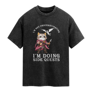 Im Not Procrastinating Im Doing Side Quests Washed Cotton T-Shirt Funny RPG Gamer Cat Lover Gift