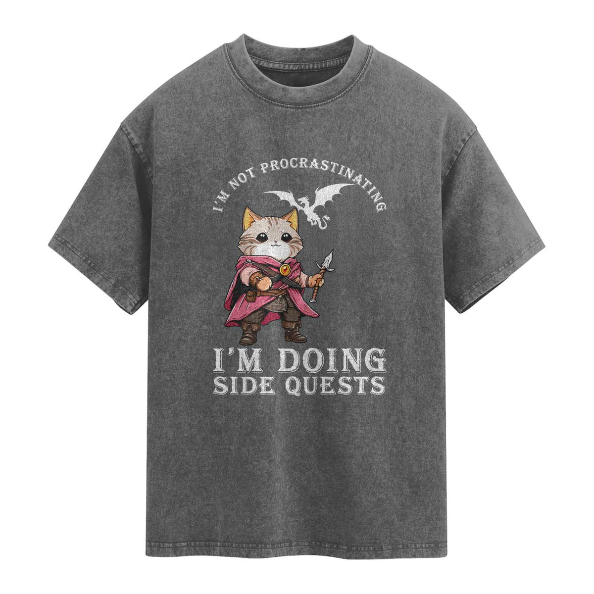 Im Not Procrastinating Im Doing Side Quests Washed Cotton T-Shirt Funny RPG Gamer Cat Lover Gift