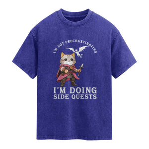 Im Not Procrastinating Im Doing Side Quests Washed Cotton T-Shirt Funny RPG Gamer Cat Lover Gift