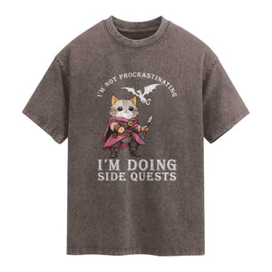 Im Not Procrastinating Im Doing Side Quests Washed Cotton T-Shirt Funny RPG Gamer Cat Lover Gift